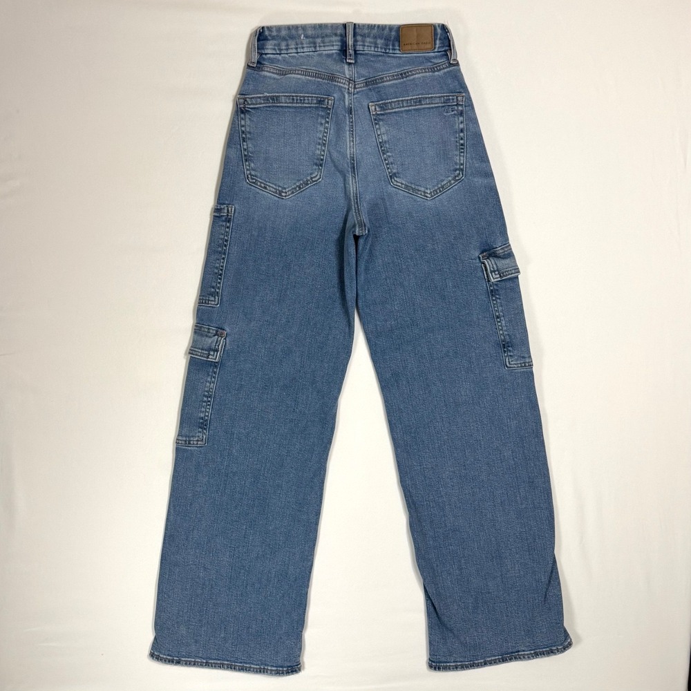 American Eagle Curvy Super High Waisted Baggy Wide Leg Cargo Jeans Size 00 Reg - Picture 2 of 14